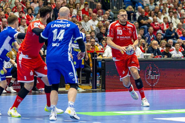 DAIKIN Handball Bundesliga, Kassel, MT Melsungen vs ThSV Eisenach, Rothenbach Halle Kassel 09 05 2026 DAIKIN Handball Bundesliga, Kassel, Germany 09 05 2026 Dainis Kristopans MT Melsungen, 10 am Ball, Handball BundesligaL, Match of MT Melsungen vs ThSV Eisenach, Rothenbach Halle Kassel Copyright: xBEAUTIFULxSPORTS Freudensteinx