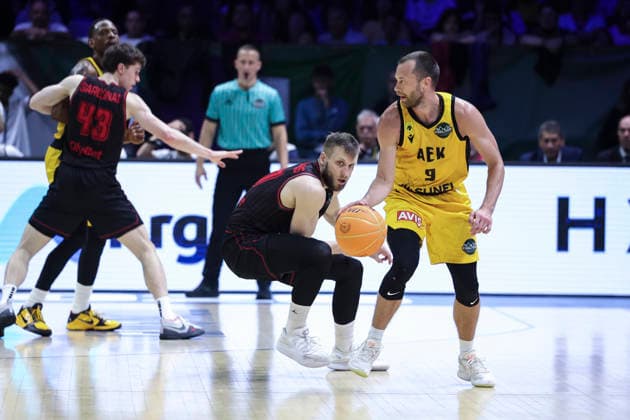 May 9, 2026, Badalona, Barcelona, Spain: Lukas Lekavicius of AEK BC and Martynas Paliukenas of Rytas Vilnius in action during the Final Four Basketball Champions League Final basketball match played between AEK BC and Rytas Vilnius at Palau Olimpic Badalona on May 09, 2026 in Badalona, Barcelona, Spain. Badalona Spain - ZUMAa181 20260509_zaa_a181_498 Copyright: xJavierxBorregox