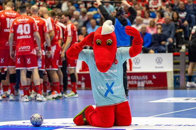 DAIKIN Handball Bundesliga, Kassel, MT Melsungen vs ThSV Eisenach, Rothenbach Halle Kassel 09 05 2026 DAIKIN Handball Bundesliga, Kassel, Germany 09 05 2026 Henner mascot of MT Melsungen, Handball BundesligaL, Match of MT Melsungen vs ThSV Eisenach, Rothenbach Halle Kassel Copyright: xBEAUTIFULxSPORTS Freudensteinx