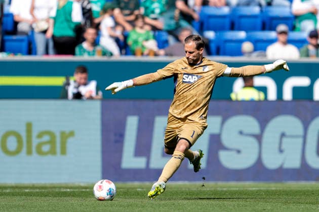 Oliver Baumann Goalkeeper, Hoffenheim, 1 , on the ball, cropped, full body, single image, single photo, action, action, 09 05 2026, Sinsheim Germany , Football, Bundesliga, TSG 1899 Hoffenheim SV Werder Bremen, DFB DFL REGULATIONS PROHIBIT ANY USE OF PHOTOGRAPHS AS IMAGE SEQUENCES AND OR QUASI VIDEO xozx