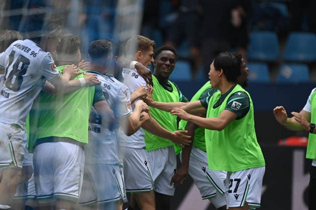 Maik NAWROCKI Hannover 96 cheers after his goal to 0 1, jubilant, jubilation, enthusiasm, joy, emotion Football 2 Bundesliga, 33 Matchday, VfL Bochum BO Hannover 96 1 1 on 09 05 2026 at Vonovia Ruhrstadion Bochum Germany DFL regulations prohibit any use of photographs as image sequences and or quasi video Â