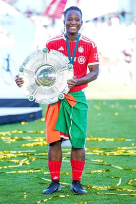 Bernadette Amani 15 Bayern celebrates winning the German championship of the Google Pixel Womens Bundesliga 2025 2026 with the championship trophy on 09 05 2026 Munich FC Bayern Campus Bayern Germany