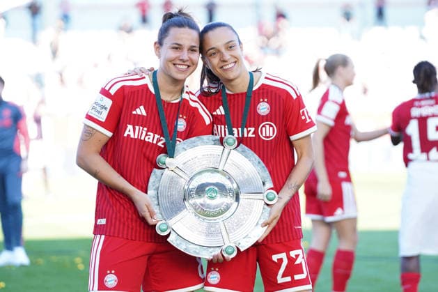 Lena Oberdorf 8 Bayern and her friend Natalia Padilla Bidas 23 Bayern celebrate winning the German Google Pixel Womens Bundesliga 2025 2026 Championship on 09 05 2026 Munich FC Bayern Campus Bayern Germany