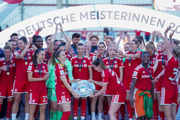 Katharina Naschenweng 19 FC Bayern and Sarah Zadrazil 25 FC Bayern lift the championship trophy into the air at the celebration of the German championship of the Google Pixel Womens Bundesliga 2025 2026 on 09 05 2026 Munich FC Bayern Campus Bayern Germany