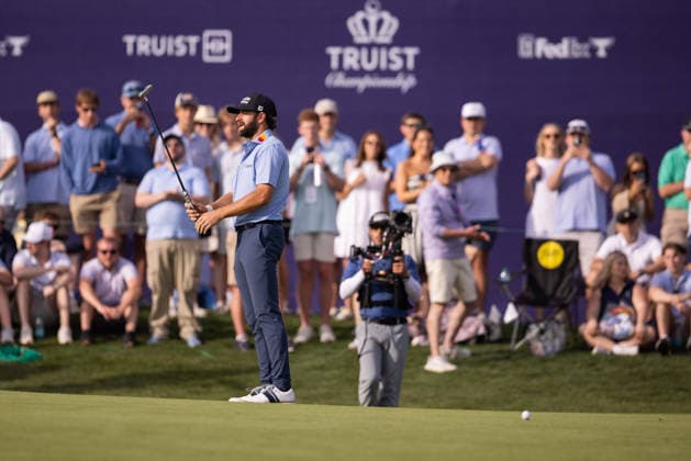 May 9, 2026: Cameron Young reacts after missing eagle on the eighteenth hole during the third round of the 2026 Truist Championship at Quail Hollow Club in Charlotte, NC. ( CSM) Charlotte United States - ZUMAc04_ 20260509_zma_c04_014 Copyright: xScottxKinserx