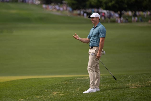 May 9, 2026: Rory McIlroy reacts as he chips over the seventh green during the third round of the 2026 Truist Championship at Quail Hollow Club in Charlotte, NC. ( CSM) Charlotte United States - ZUMAc04_ 20260509_zma_c04_018 Copyright: xScottxKinserx