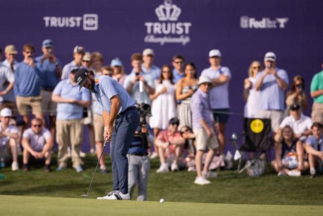 May 9, 2026: Cameron Young putts for eagle on the eighteenth green during the third round of the 2026 Truist Championship at Quail Hollow Club in Charlotte, NC. ( CSM) Charlotte United States - ZUMAc04_ 20260509_zma_c04_022 Copyright: xScottxKinserx