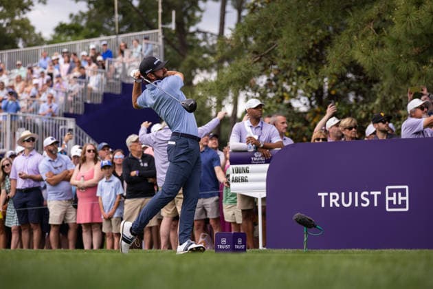 May 9, 2026: Cameron Young tees off on the eighth hole during the third round of the 2026 Truist Championship at Quail Hollow Club in Charlotte, NC. ( CSM) Charlotte United States - ZUMAc04_ 20260509_zma_c04_035 Copyright: xScottxKinserx