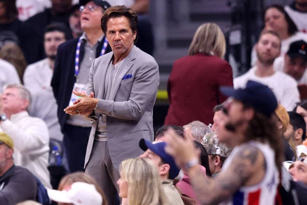 Detroit Pistons owner Tom Gores watches as the Pistons take on the Cleveland Cavaliers in the fourth quarter in Cleveland, Ohio Saturday May 9, 2026. The Cavaliers defeated the Pistons 116-109.  CLE20260509123 AARONxJOSEFCZYK