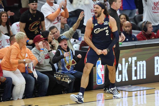 Cleveland Cavaliers Max Strus (2) reacts after a Detroit Pistons offensive foul in the second quarter in Cleveland, Ohio Saturday May 9, 2026. The Cavaliers defeated the Pistons 116-109.  CLE20260509125 AARONxJOSEFCZYK