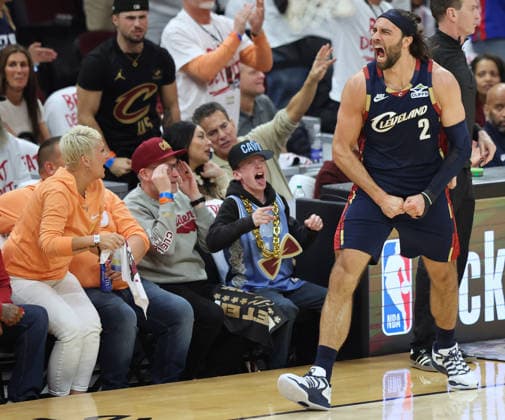 Cleveland Cavaliers Max Strus (2) reacts after a Detroit Pistons offensive foul in the second quarter in Cleveland, Ohio Saturday May 9, 2026. The Cavaliers defeated the Pistons 116-109.  CLE20260509125r AARONxJOSEFCZYK