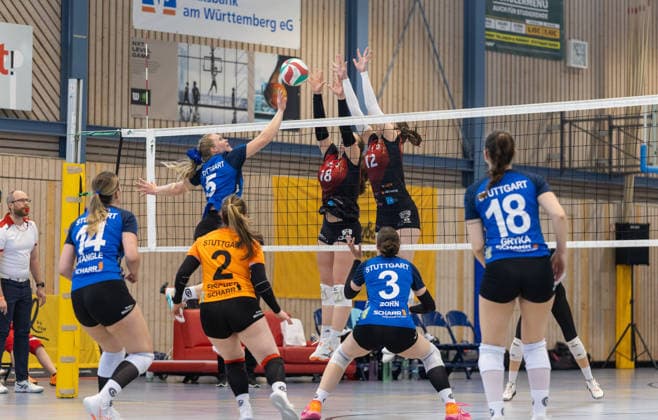 Mariela Paul TSV GA Stuttgart, 05 vs Marisa Zoefeld Barock Volleys MTV Ludwigsburg, 18 Andjela Jovanovic Barock Volleys MTV Ludwigsburg, 12 Barock Volleys MTV Ludwigsburg vs TSV GA Stuttgart, Volleyball,VLW Pokal Damen,Finale, Saison 2025 2026, 09 05 2026, Barock Volleys MTV Ludwigsburg vs TSV GA Stuttgart, Volleyball,VLW Pokal Damen,Finale, Saison 2025 2026, 09 05 2026 Aalen Waldhausen Copyright: xEibner-Pressefoto DavidexDixGiovx EP_DGI