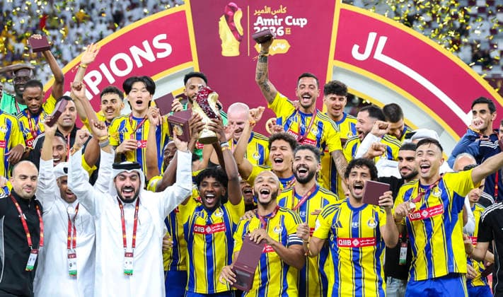 (260510) -- DOHA, May 10, 2026 -- Members of Al Gharafa SC celebrate with the trophy after the awarding ceremony for the final of Amir Cup 2026 football match between Al Sadd SC and Al Gharafa SC at Khalifa International Stadium in Doha, Qatar, on May 9, 2026. (Photo by Xinhua) (SP)QATAR-DOHA-AL SADD SC-AL GHARAFA SC-FOOTBALL-AMIR CUP FINAL Nikku 