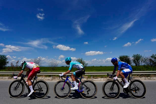 Italy™s Alessandro Tonelli of Team Polti VisitMalta, Italy™s Manuele Tarozzi of Bardiani CSF 7 Saber, Spain™s Diego Pablo Sevilla Lopez of Team Polti VisitMalta The pack rides during Stage 3 of the Giro d™Italia, from Plovdiv to Sofia, Bulgaria, Sunday, May 10, 2026.  Copyright: xFabioxFerrari LaPressex
