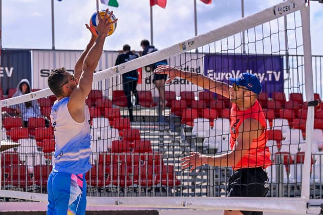 May 10, 2026, Madrid, Madrid, Spain: GUSTAVS AUZINS of Lithuania and NATHAN MATOS of Spain during the men s Quarterfinals match between the Lithuania national team, Nationalteam and the Spanish national team, held at the Beach Pro Tour Futures Madrid 2026 at the Parque Deportivo Puerta de Hierro on May 9, 2026, in Madrid, Spain. Beach Pro Tour Futures Madrid 2026 (Men s) - 05.09.26 (Day Three)  - ZUMAc312 20260510_zsp_c312_063 Copyright: xOscarxManuelxSanchezx