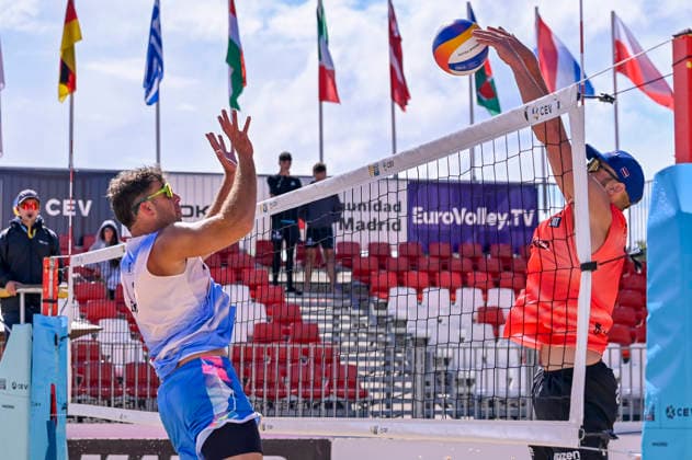 May 10, 2026, Madrid, Madrid, Spain: PABLO PEREZ SUAREZ of Spain and GUSTAVS AUZINS of Lithuania during the men s Quarterfinals match between the Lithuania national team, Nationalteam and the Spanish national team, held at the Beach Pro Tour Futures Madrid 2026 at the Parque Deportivo Puerta de Hierro on May 9, 2026, in Madrid, Spain. Beach Pro Tour Futures Madrid 2026 (Men s) - 05.09.26 (Day Three)  - ZUMAc312 20260510_zsp_c312_068 Copyright: xOscarxManuelxSanchezx