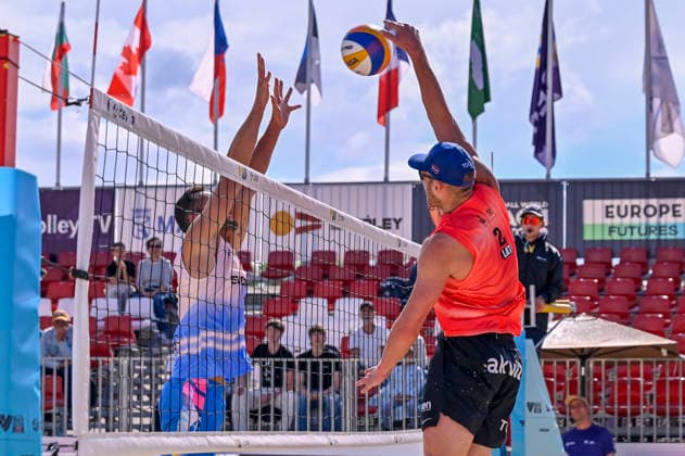 May 10, 2026, Madrid, Madrid, Spain: GUSTAVS AUZINS of Lithuania and NATHAN MATOS of Spain during the men s Quarterfinals match between the Lithuania national team, Nationalteam and the Spanish national team, held at the Beach Pro Tour Futures Madrid 2026 at the Parque Deportivo Puerta de Hierro on May 9, 2026, in Madrid, Spain. Beach Pro Tour Futures Madrid 2026 (Men s) - 05.09.26 (Day Three)  - ZUMAc312 20260510_zsp_c312_091 Copyright: xOscarxManuelxSanchezx