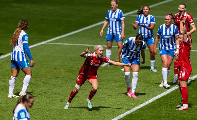Football - Women™s FA Cup - Semi-Final - Liverpool FC Women v Brighton & Hove Albion FC Women ST HELENS, ENGLAND - Sunday, May 10, 2026: Liverpool s Denise O Sullivan celebrates after scoring the first goal during the Women™s FA Cup Semi-Final match between Liverpool FC Women and Brighton & Hove Albion FC Women at the St Helens Stadium. (Photo by David Rawcliffe Propaganda) ST HELENS St Helens Stadium MERSEYSIDE ENGLAND  Copyright: xPropagandaxPhotoxAgencyx P2026-05-10-Liverpool_W_Brighton_W-12