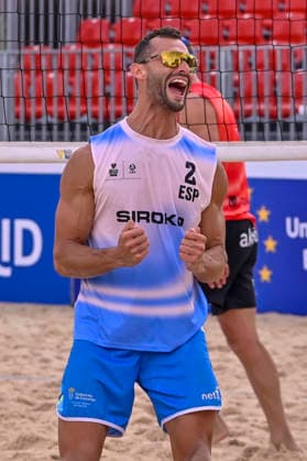 May 10, 2026, Madrid, Madrid, Spain: NATHAN MATOS of Spain celebrates during the men s Quarterfinals match between the Lithuania national team, Nationalteam and the Spanish national team, held at the Beach Pro Tour Futures Madrid 2026 at the Parque Deportivo Puerta de Hierro on May 9, 2026, in Madrid, Spain. Madrid Spain - ZUMAc312 20260510_zsp_c312_149 Copyright: xOscarxManuelxSanchezx
