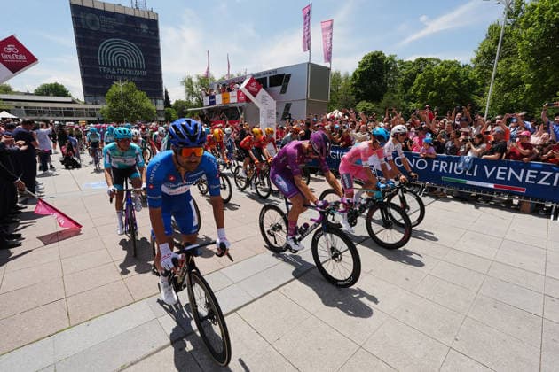 Guillermo Thomas Silva (XDS Astana Team) Pink Jersey , Paul Magnier (Soudal Quick-Step) Cyclamen Jersey , Jan Christen (UAE Team Emirates - XRG ) White Jersey , Banca Mediolanum - Diego Pablo Sevilla (Team Polti VisitMalta) Blue Jersey during Stage 3 of the Giro d™Italia, from Plovdiv to Sofia, Bulgaria, Sunday, May 10, 2026.  Copyright: xMassimoxPaolone LaPressex