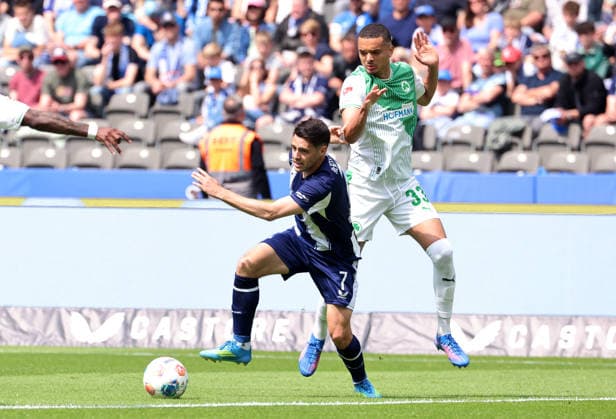 Josip Brekalo on the ball, Maximilian Dietz duel Match scene Action Sport Football Soccer DFL 2 Bundesliga Men 33 Matchday Season 2025 2026 10 05 2026 Hertha BSC Berlin vs SpVgg Greuther Fürth DFL regulations prohibit any use of photographs as image sequences and or quasi video