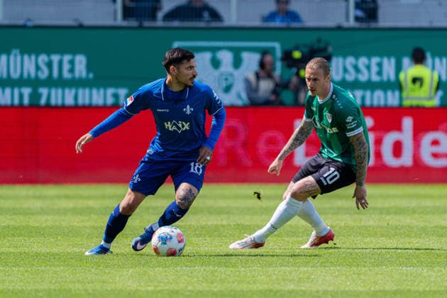 Münster, Germany 10 May 2026 2 BL 2025 2026 Sp 33 SC Preußen Münster vs SV Darmstadt 98 In picture from left in duel Raoul Petretta Darmstadt and Marvin Schulz PRM DFL DFB regulations prohibit any use of photographs as image sequences and or quasi video LVM Preussenstadion Nordrhein Westfalen Copyright: xFotostandx xKruczynskix