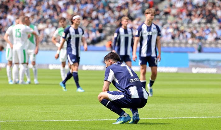 Josip Brekalo disappointed after red card Disappointment Sport Football Soccer DFL 2 Bundesliga Men 33 Matchday Season 2025 2026 10 05 2026 Hertha BSC Berlin vs SpVgg Greuther Fürth DFL regulations prohibit any use of photographs as image sequences and or quasi video