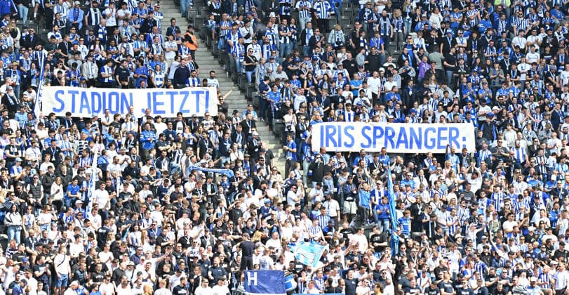 10 05 2026 Soccer Season 2025 2026 2 Soccer Bundesliga 33 Matchday Hertha BSC Berlin SpVgg Greuther Fürth SGF Kleeblatt Sportfoto Zink MeZi xmexzix DFL regulations prohibit any use of photographs as image sequences and or quasi video only for editorial use Spruchband Stadion Jetzt Iris Spranger