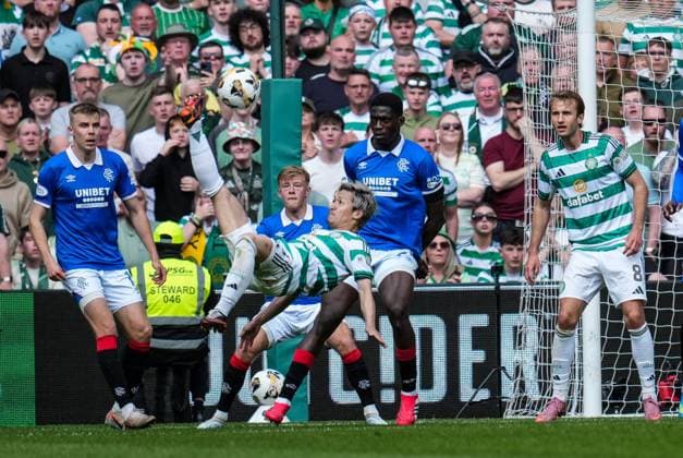 Daizen Maeda of Celtic scores with an overhead kick to give Celtic a 3-1 lead. Celtic v Rangers, William Hill Scottish Premiership, Football, Celtic Park, Glasgow, Scotland, UK - 10 May 2026Glasgow Celtic Park United Kingdom EDITORIAL USE ONLY No use with unauthorised audio, video, data, fixture lists, club league logos or live services. Online in-match use limited to 120 images, no video emulation. No use in betting, games or single club league player publications.  Copyright: xStuartxWallace Shutterstockx 16861732w