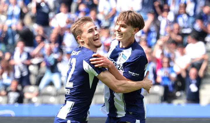 Kennet Eichhorn celebrates after scoring 1 0 with Marten Winkler Joy Emotion Cheering Sport Football Soccer DFL 2 Bundesliga Men 33 Matchday Season 2025 2026 10 05 2026 Hertha BSC Berlin vs SpVgg Greuther Fürth DFL regulations prohibit any use of photographs as image sequences and or quasi video