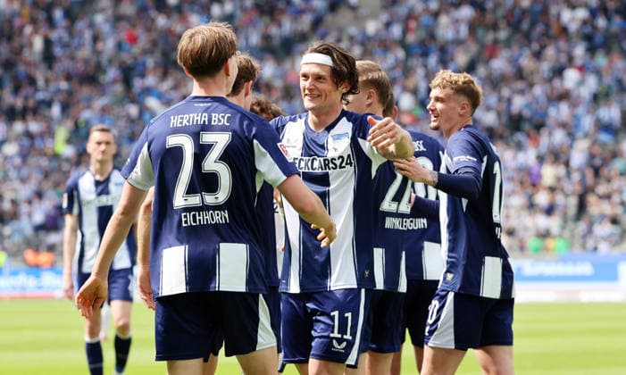 Kennet Eichhorn celebrates after scoring 1 0 with Fabian Reese Joy Emotion Cheering Sport Football Soccer DFL 2 Bundesliga Men 33 Matchday Season 2025 2026 10 05 2026 Hertha BSC Berlin vs SpVgg Greuther Fürth DFL regulations prohibit any use of photographs as image sequences and or quasi video