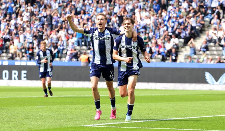 Kennet Eichhorn celebrates after scoring 1 0 with Marten Winkler Joy Emotion Cheering Sport Football Soccer DFL 2 Bundesliga Men 33 Matchday Season 2025 2026 10 05 2026 Hertha BSC Berlin vs SpVgg Greuther Fürth DFL regulations prohibit any use of photographs as image sequences and or quasi video