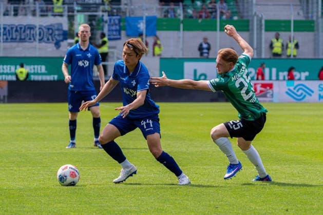 Münster, Germany 10 May 2026 2 BL 2025 2026 Sp 33 SC Preußen Münster vs SV Darmstadt 98 In the picture from left in duel Yosuke Furukawa Darmstadt and Luca Bolay PRM DFL DFB regulations prohibit any use of photographs as image sequences and or quasi video LVM Preussenstadion Nordrhein Westfalen Copyright: xFotostandx xKruczynskix