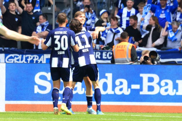 DEU, DFL, 2 FBL, Hertha BSC vs Greuther Fuerth, 10 05 2026, Berliner Olympiastadion, Berlin, DEU, DFL, 2 FBL, Hertha BSC vs Greuther Fuerth, im Bild 1 0 durch Kennet Eichhorn Hertha BSC Berlin 23 , Fabian Reese Hertha BSC Berlin 11 , Paul Seguin Hertha BSC Berlin 30 DFL regulations prohibit any use of Photographs as image sequences and or quasi video nordphotoxGmbHx xEngler nph00076