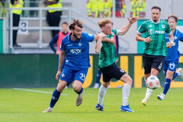 Münster, Germany 10 May 2026 2 BL 2025 2026 Sp 33 SC Preußen Münster vs SV Darmstadt 98 In the picture from left in duel Killian Corredor Darmstadt and Luca Bolay PRM DFL DFB regulations prohibit any use of photographs as image sequences and or quasi video LVM Preussenstadion Nordrhein Westfalen Copyright: xFotostandx xKruczynskix