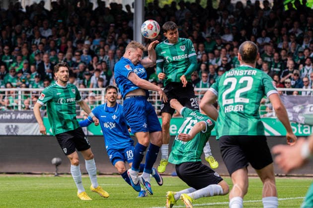 Münster, Germany 10 May 2026 2 BL 2025 2026 Sp 33 SC Preußen Münster vs SV Darmstadt 98 In the picture from left in duel Niklas Schmidt Darmstadt and Marco Meyerhoefer PRM DFL DFB regulations prohibit any use of photographs as image sequences and or quasi video LVM Preussenstadion Nordrhein Westfalen Copyright: xFotostandx xKruczynskix