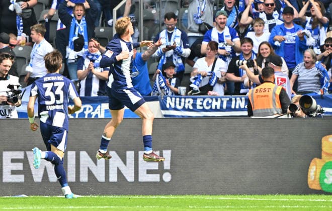 10 05 2026 Soccer Season 2025 2026 2 Soccer Bundesliga 33 Matchday Hertha BSC Berlin SpVgg Greuther Fürth SGF Kleeblatt Sportfoto Zink MeZi xmexzix DFL regulations prohibit any use of photographs as image sequences and or quasi video only for editorial use Torjubel Jubel nach Treffer Torschuß zum 2 0 durch Michael Cuisance 10, Hertha BSC Berlin