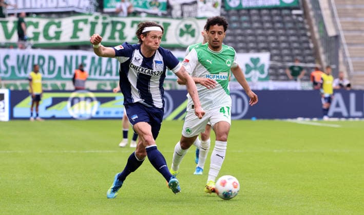 Fabian Reese on the ball, Sayfallah Ltaief duel Match scene Action Sport Soccer Football DFL 2 Bundesliga Men 33 Matchday Season 2025 2026 10 05 2026 Hertha BSC Berlin vs SpVgg Greuther Fürth DFL regulations prohibit any use of photographs as image sequences and or quasi video