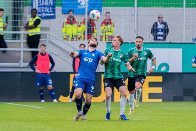 Münster, Germany 10 May 2026 2 BL 2025 2026 Sp 33 SC Preußen Münster vs SV Darmstadt 98 In the picture from left in duel Killian Corredor Darmstadt and Luca Bolay PRM DFL DFB regulations prohibit any use of photographs as image sequences and or quasi video LVM Preussenstadion Nordrhein Westfalen Copyright: xFotostandx xKruczynskix