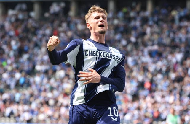 Michael Cuisance cheers after scoring 2 0 Joy Emotion Cheering Sport Football Soccer DFL 2 Bundesliga Men 33 Matchday Season 2025 2026 10 05 2026 Hertha BSC Berlin vs SpVgg Greuther Fürth DFL regulations prohibit any use of photographs as image sequences and or quasi video