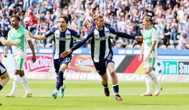 Michael Cuisance cheers after scoring 2 0 Joy Emotion Cheering Sport Football Soccer DFL 2 Bundesliga Men 33 Matchday Season 2025 2026 10 05 2026 Hertha BSC Berlin vs SpVgg Greuther Fürth DFL regulations prohibit any use of photographs as image sequences and or quasi video