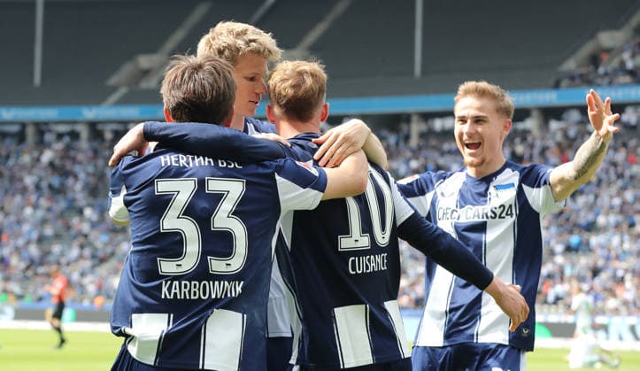 Michael Cuisance cheers after scoring 2 0 Joy Emotion Cheering Sport Football Soccer DFL 2 Bundesliga Men 33 Matchday Season 2025 2026 10 05 2026 Hertha BSC Berlin vs SpVgg Greuther Fürth DFL regulations prohibit any use of photographs as image sequences and or quasi video