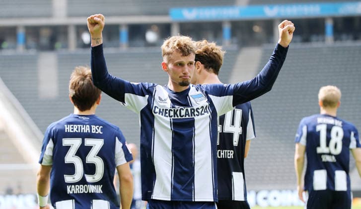 Michael Cuisance cheers after scoring 2 0 Joy Emotion Cheering Sport Football Soccer DFL 2 Bundesliga Men 33 Matchday Season 2025 2026 10 05 2026 Hertha BSC Berlin vs SpVgg Greuther Fürth DFL regulations prohibit any use of photographs as image sequences and or quasi video