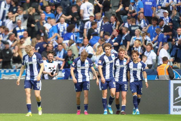 10 05 2025, xtgx, Fussball 2 Bundesliga, Hertha BSC Berlin SpVgg Greuther Fürth emspor, v l Michael Cuisance Hertha, 10 Jubel, Torjubel, jubelt ueber das Tor, celebrate the goal, celebration DFL DFB REGULATIONS PROHIBIT ANY USE OF PHOTOGRAPHS as IMAGE SEQUENCES and or QUASI VIDEO Berlin