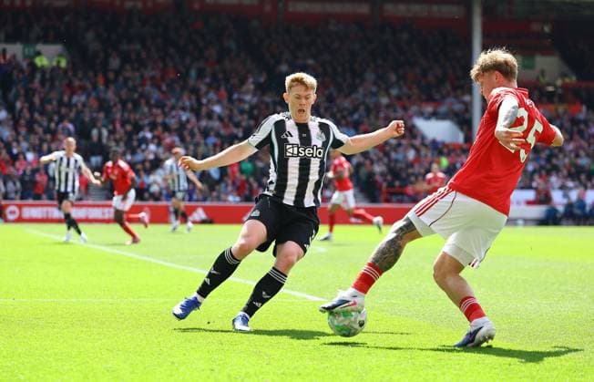 Lewis Hall of Newcastle United and Luca Netz of Nottingham Forest Nottingham Forest v Newcastle United, Premier League, Football, City Ground, Nottingham , UK - 10 May 2026Nottingham City Ground United Kingdom EDITORIAL USE ONLY No use with unauthorised audio, video, data, fixture lists, club league logos or live services. Online in-match use limited to 120 images, no video emulation. No use in betting, games or single club league player publications. Copyright: xMichaelxZemanek Shutterstockx 16861789n