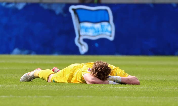 Goalkeeper Silas Prüfrock disappointed after the end of the match Disappointment Sport Football Soccer DFL 2 Bundesliga Men 33 Matchday Season 2025 2026 10 05 2026 Hertha BSC Berlin vs SpVgg Greuther Fürth DFL regulations prohibit any use of photographs as image sequences and or quasi video