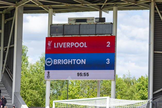 Football - Women™s FA Cup - Semi-Final - Liverpool FC Women v Brighton & Hove Albion FC Women ST HELENS, ENGLAND - Sunday, May 10, 2026: The scoreboard during the Women™s FA Cup Semi-Final match between Liverpool FC Women and Brighton & Hove Albion FC Women at the St Helens Stadium. (Photo by David Rawcliffe Propaganda) ST HELENS St Helens Stadium MERSEYSIDE ENGLAND  Copyright: xPropagandaxPhotoxAgencyx P2026-05-10-Liverpool_W_Brighton_W-55