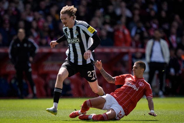 Premier League: Nottingham Forest v Newcastle Untied Nicolas Dominguez of Nottingham Forest is tackled by Nick Woltemade of Newcastle United during the Premier League match Nottingham Forest vs Newcastle Untied at City Ground, Nottingham, United Kingdom on 10 May 2026 (Photo by Maynard Manyowa News Images) Nottingham City Ground Nottinghamshire United Kingdom Copyright: xMaynardxManyowa NewsxImagesx
