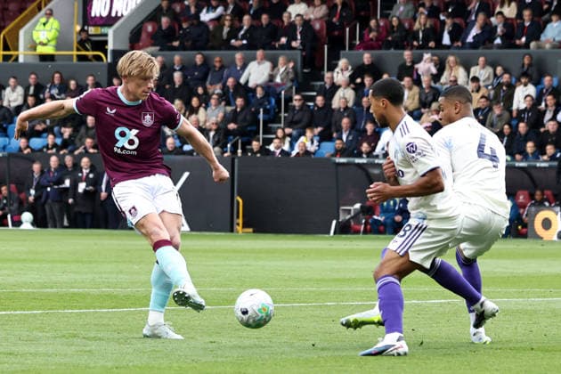 10th May 2026; Turf Moor, Burnley, Lancashire, England; Premier League Football, Burnley versus Aston Villa; Zian Flemming of Burnley sees his shot blocked by Youri Tielemans of Aston Villa DavidxBlunsden