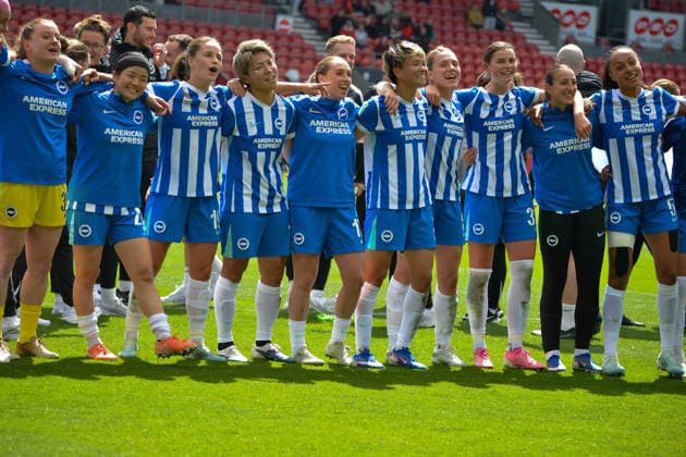 ST HELENS ENGLAND MAY 10 : Brighton players after the final whistle as they go through the WFA cup final during the Adobe WFA cup Semi Final match between Liverpool and Brighton and Hove Albion, St Helens Stadium on 10th May 2026 in St Helens England (Photo by Clare Overfield Sports Press Photo) Copyright: xClarexOverfieldx xSPPx Sportspressphoto_SPR143792